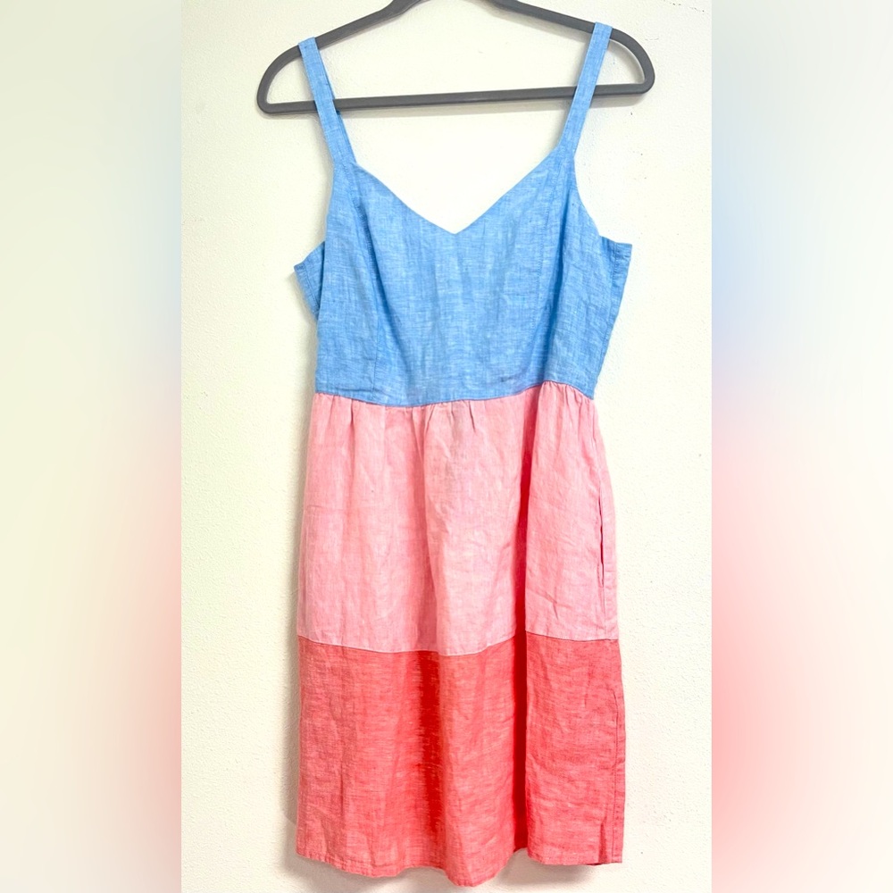 Cynthia Rowley Three-Tiered Linen Sundress Blue Pink Sleeveless Size M
